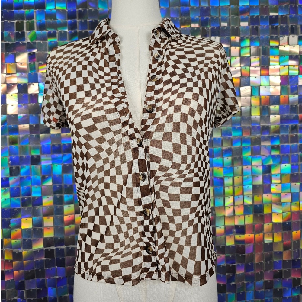 NO BOUNDARIES Brown White Checkered Mesh Button Up Shirt Top Women Size M